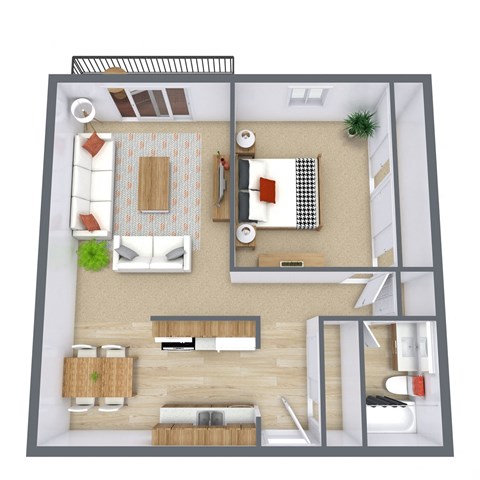 Floor plan for 1 bed, 1 bath, 684 sqft